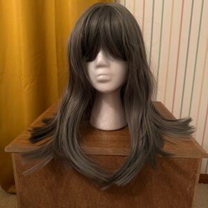 Dark Gray Women's Wig Long Bob Bangs Synthetic